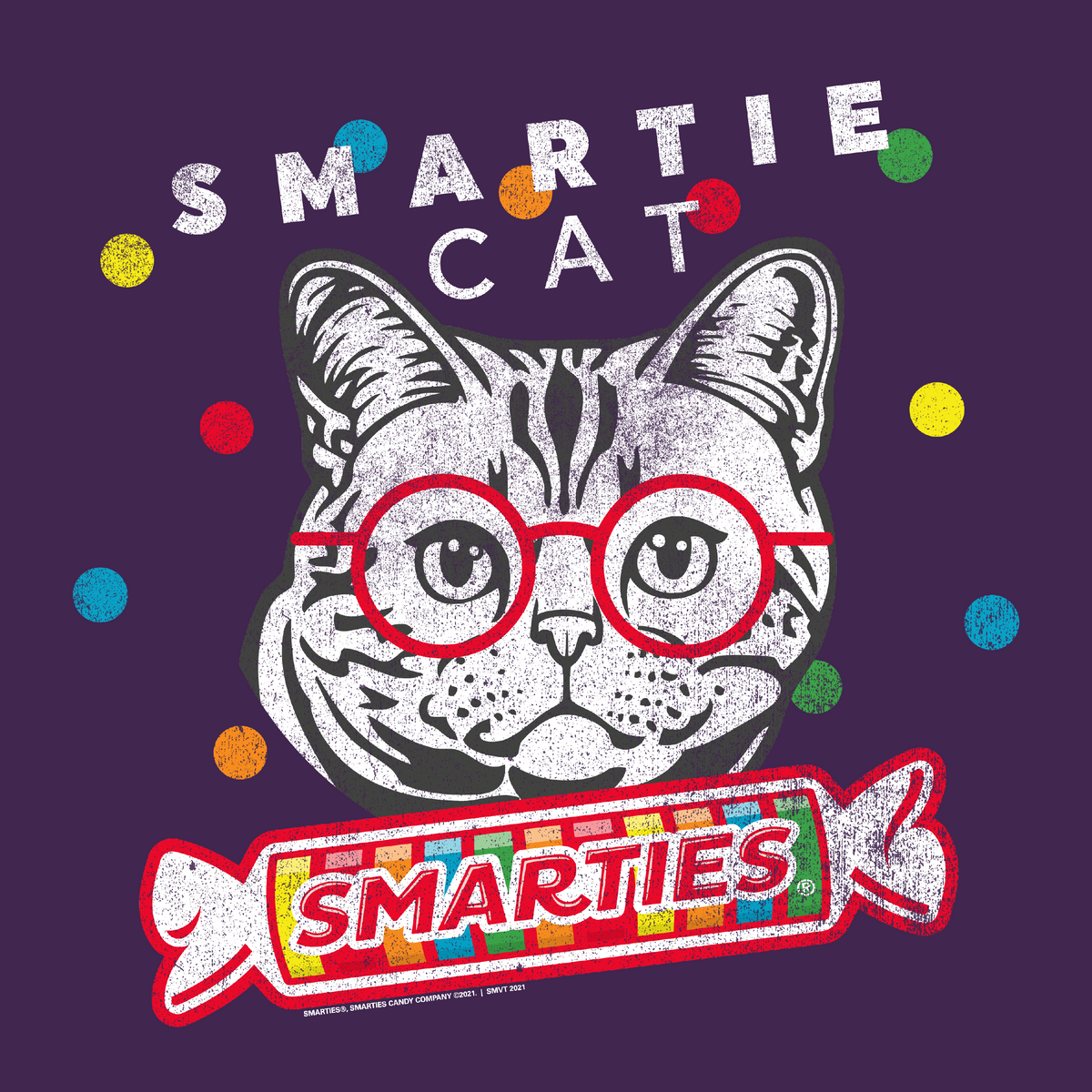 Smartie Cat officially licensed artwork on a purple background