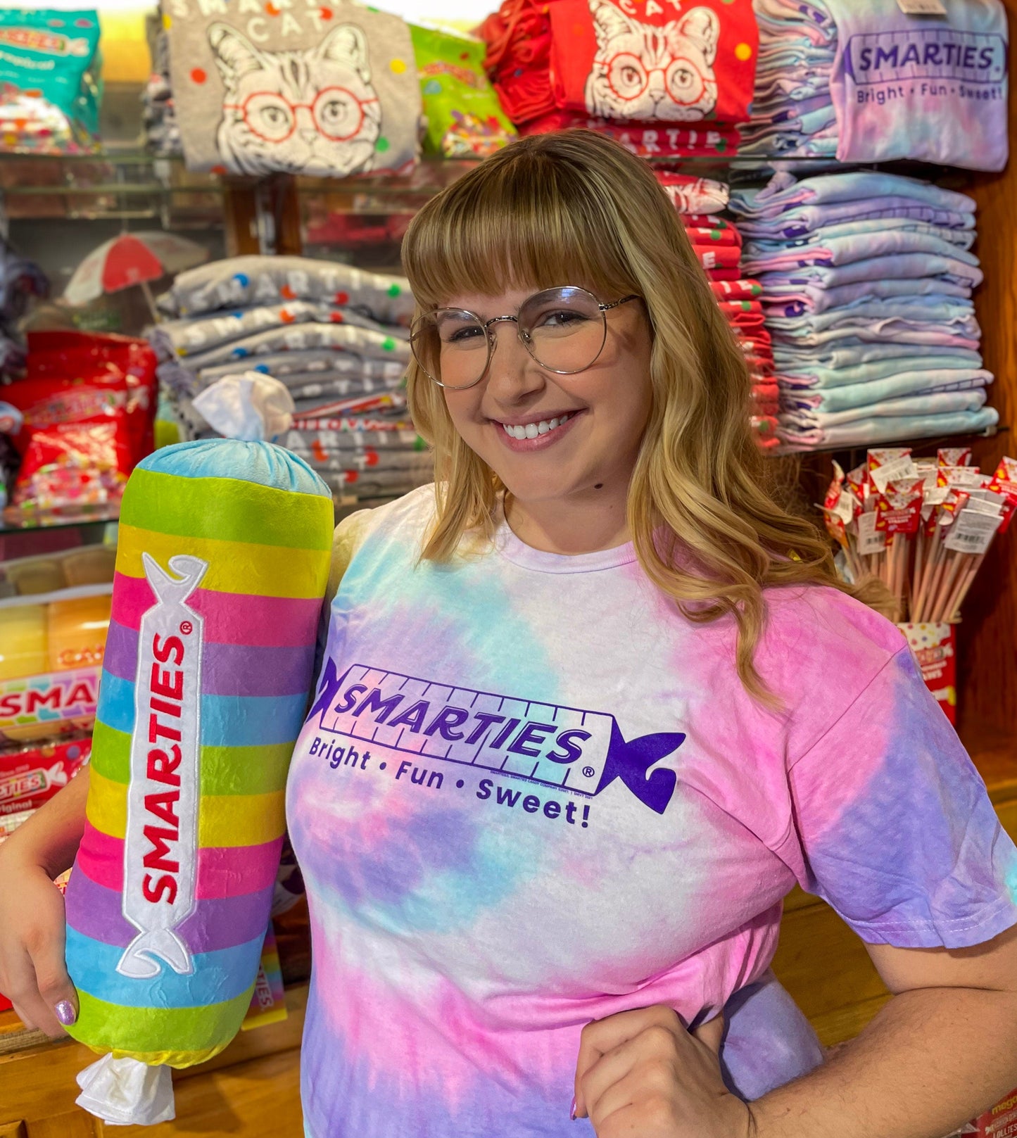 unisex smarties tie dye shirt styled casually colorful candy lover outfit with retro candy branding