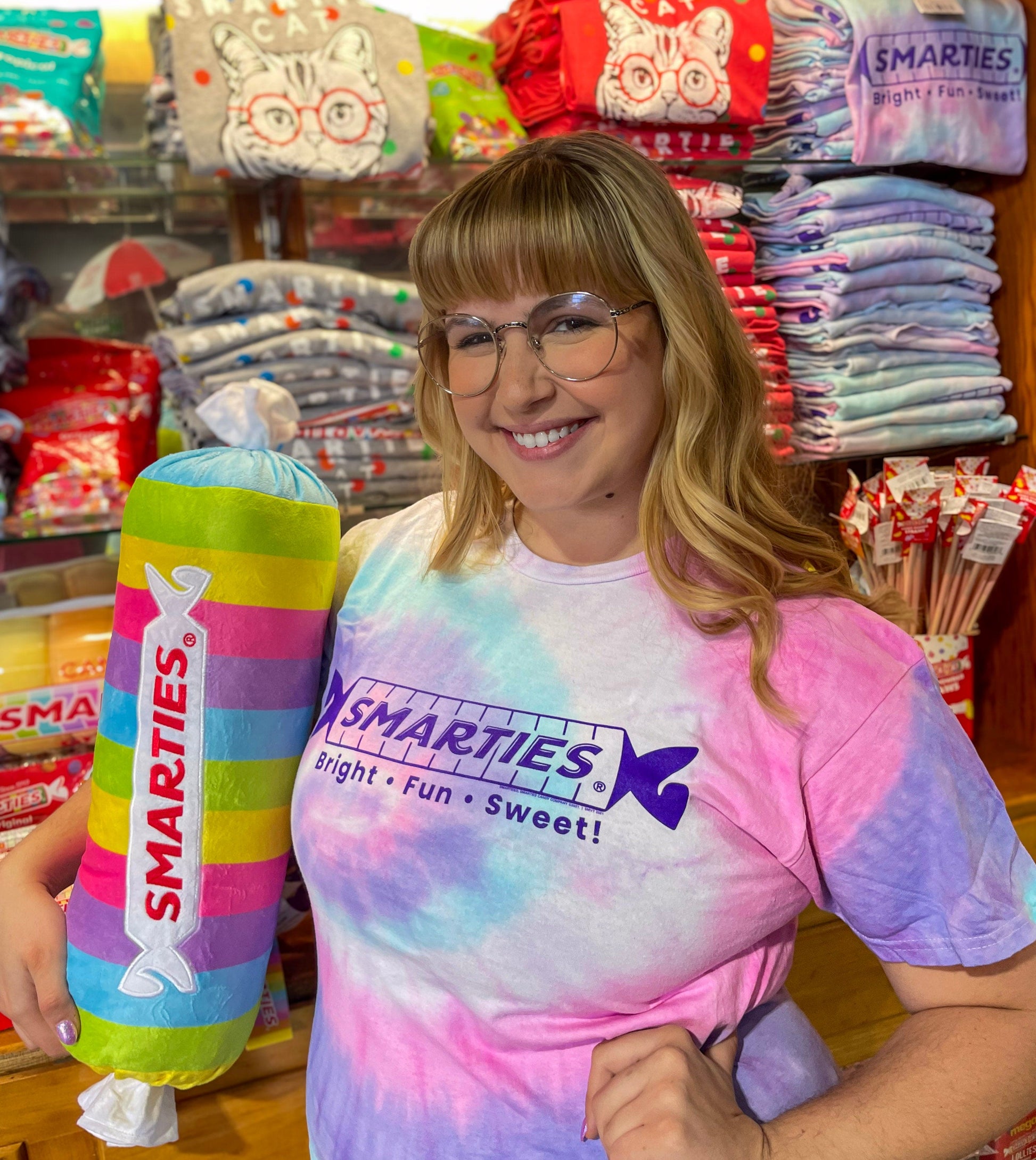 unisex smarties tie dye shirt styled casually colorful candy lover outfit with retro candy branding