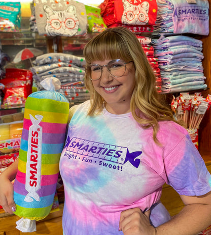 unisex smarties tie dye shirt styled casually colorful candy lover outfit with retro candy branding
