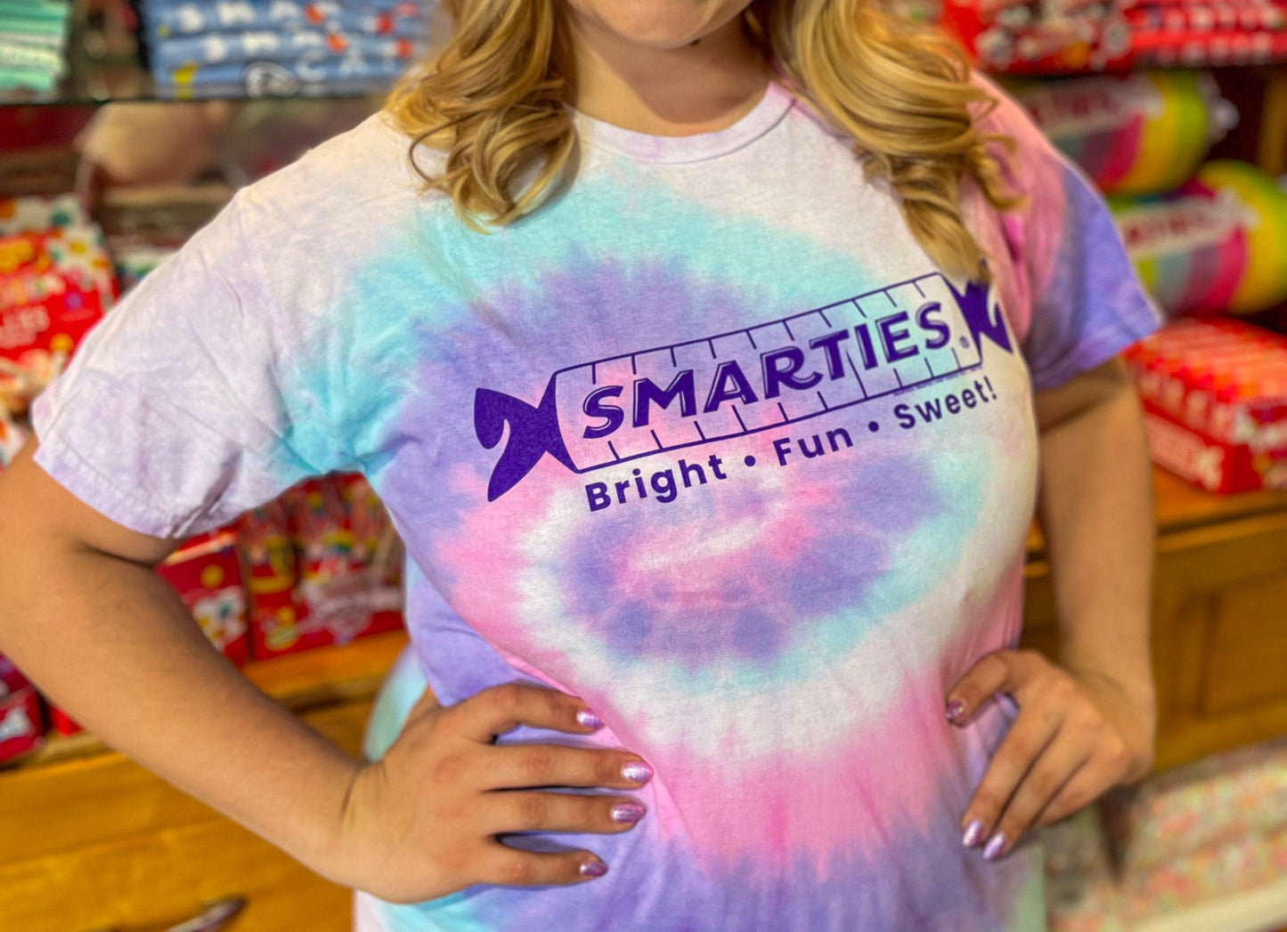 unisex smarties tie dye shirt styled casually colorful candy lover outfit with retro candy branding