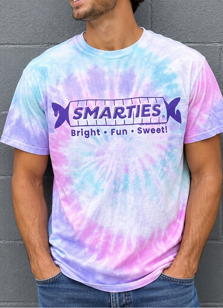 unisex smarties tie dye shirt styled casually colorful candy lover outfit with retro candy branding