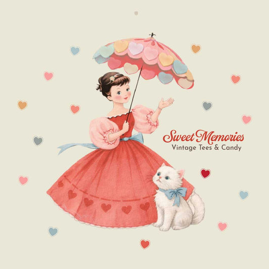 Vintage-inspired Smitten Kitten Valentine's artwork featuring a retro cat illustration created exclusively for Sweet Memories Vintage Tees.