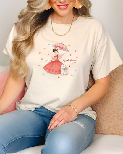 Woman wearing the Smitten Kitten Sweet Memories Valentine's Exclusive graphic T-shirt with a retro vintage cat Valentine's design.