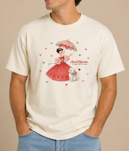 Man wearing the Smitten Kitten Sweet Memories Valentine's Exclusive graphic T-shirt featuring a nostalgic Valentine's cat illustration.