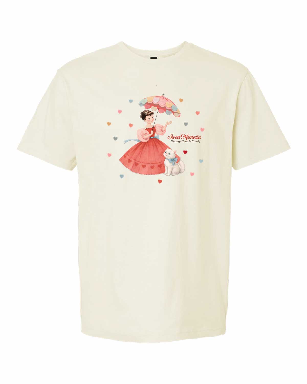 Smitten Kitten Sweet Memories Valentine's Exclusive unisex graphic T-shirt featuring a retro Valentine's cat design on a white tee.