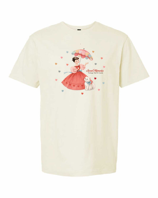 Smitten Kitten Sweet Memories Valentine's Exclusive unisex graphic T-shirt featuring a retro Valentine's cat design on a white tee.