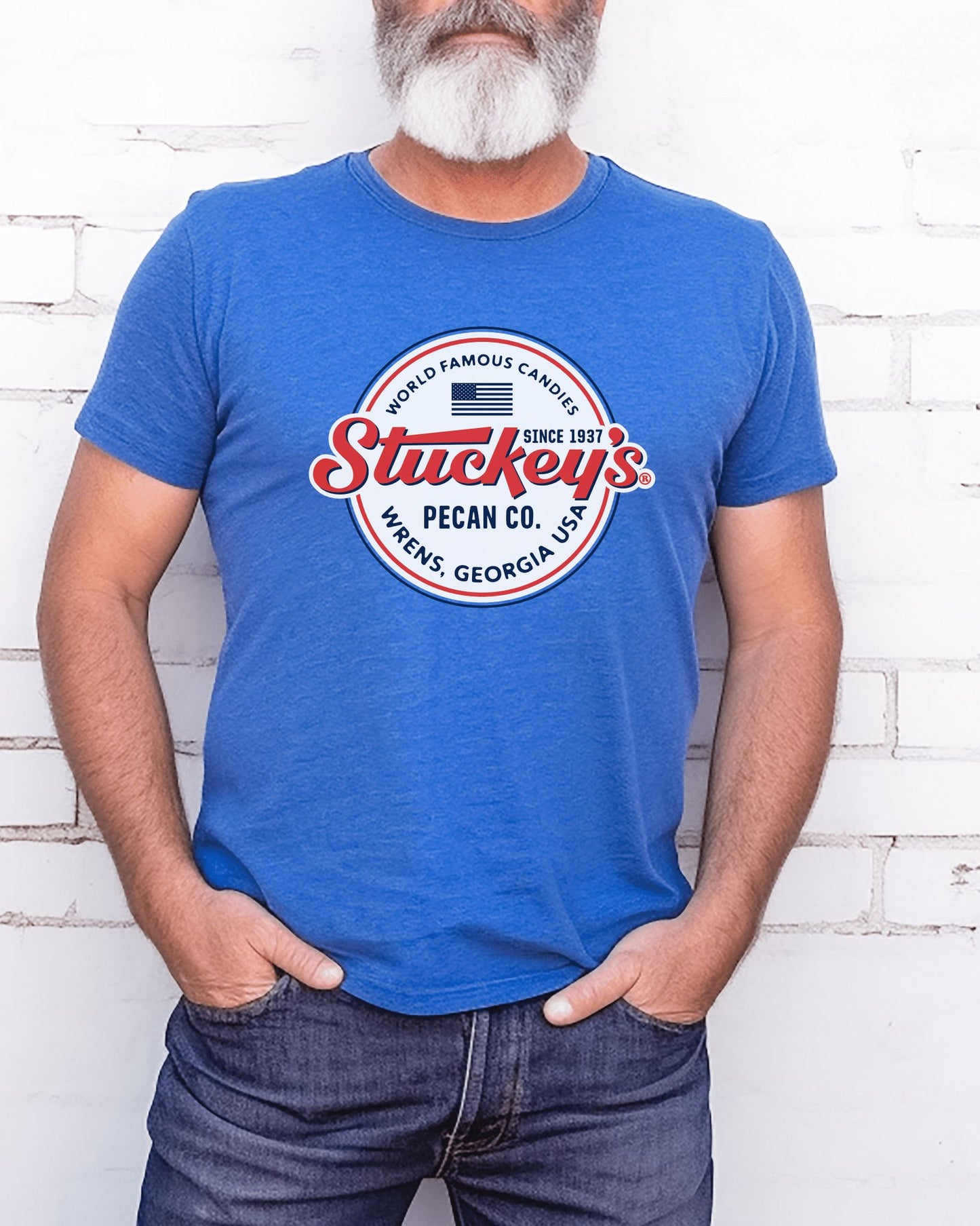 Male model wearing the Stuckey's® Made in the USA Tee, officially licensed vintage-inspired graphic T-shirt with patriotic Americana design.