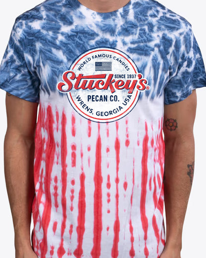 Man wearing the Stuckey's® Made in the USA Tie-Dye Tee inspired by classic American road trips and Southern nostalgia.