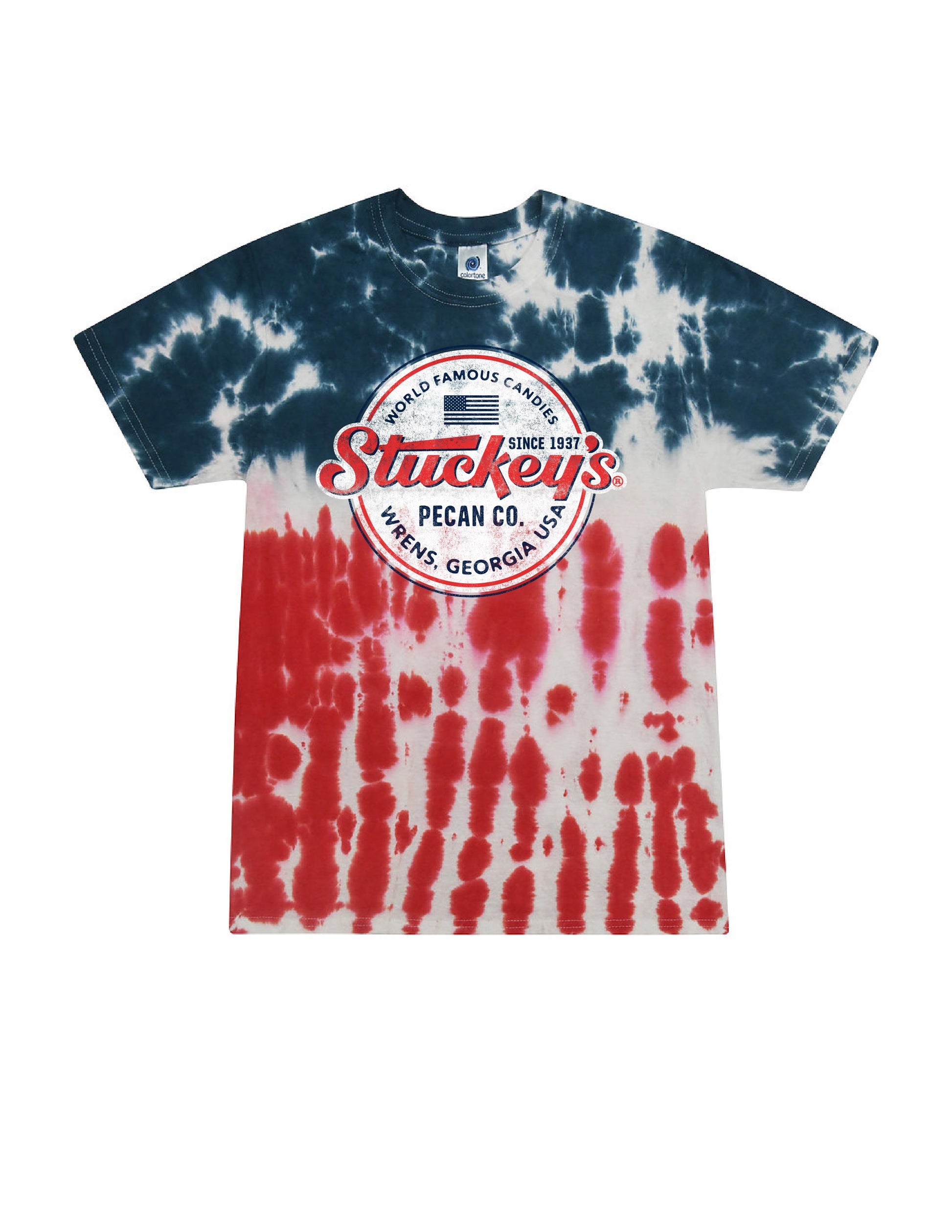 Stuckey's® Made in the USA Tie-Dye Tee featuring a vintage Stuckey's Pecan Co. logo on a patriotic red, white, and blue tie-dye unisex T-shirt.