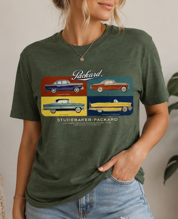 Woman wearing Studebaker-Packard Warren, Ohio Vintage Car Unisex Graphic T-shirt