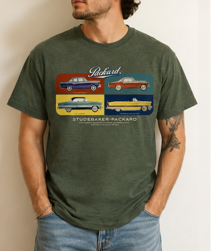 Man wearing Studebaker-Packard Warren, Ohio Vintage Car Unisex Graphic T-shirt