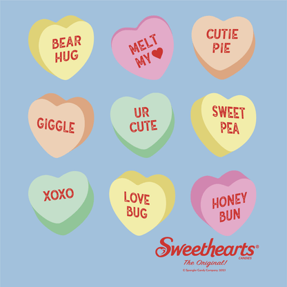 close up of sweethearts conversation hearts pattern graphic featuring classic candy heart sayings