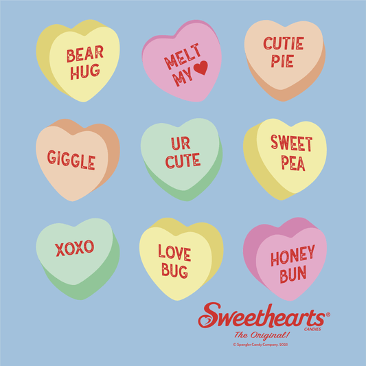 close up of sweethearts conversation hearts pattern graphic featuring classic candy heart sayings
