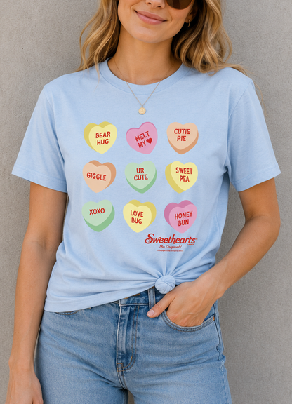 unisex sweethearts conversation hearts pattern shirt styled casually for candy lovers and valentine nostalgia fans