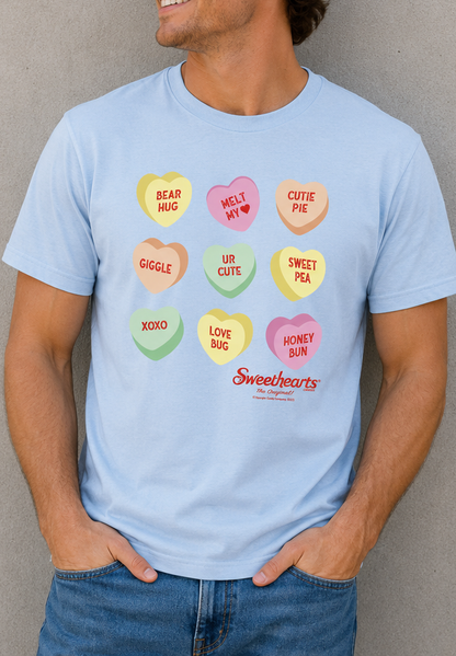 unisex sweethearts conversation hearts pattern shirt styled casually for candy lovers and valentine nostalgia fans