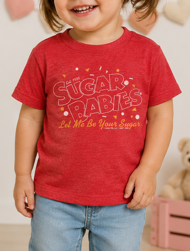 Toddler wearing the Sugar Babies® Let Me Be Your Sugar! graphic T-shirt featuring a nostalgic vintage candy design