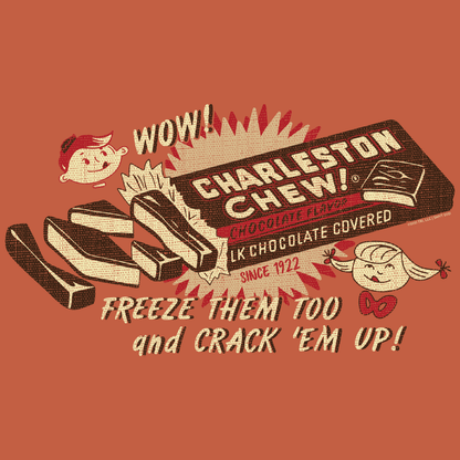 close up of charleston chew vintage advertisement graphic with distressed retro artwork