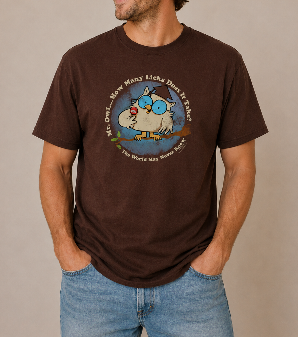 Man wearing a Tootsie Pop Vintage Mr. Owl Tee in a casual lifestyle mockup featuring the classic Mr. Owl candy graphic.