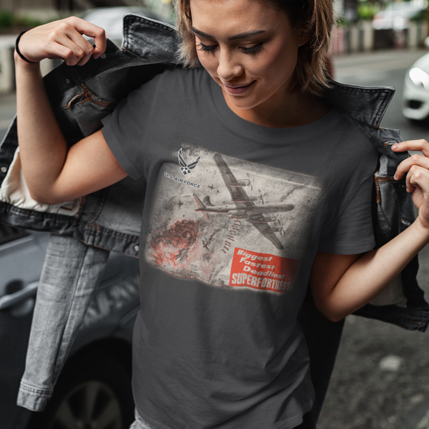 unisex us air force super fortress t shirt styled casually patriotic military aviation outfit