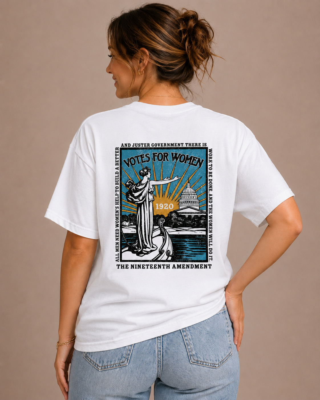 Woman wearing the Votes For Women Sweet Memories Exclusive Tee featuring a vintage women's suffrage graphic on a premium unisex T-shirt.