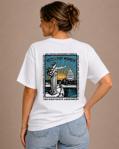 Woman wearing the Votes For Women Sweet Memories Exclusive Tee featuring a vintage women's suffrage graphic on a premium unisex T-shirt.