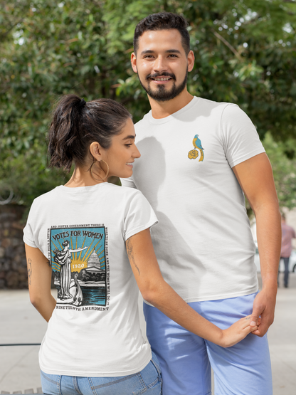 Male and female models wearing the Votes For Women Sweet Memories Exclusive Tee featuring exclusive vintage women's suffrage-inspired artwork.