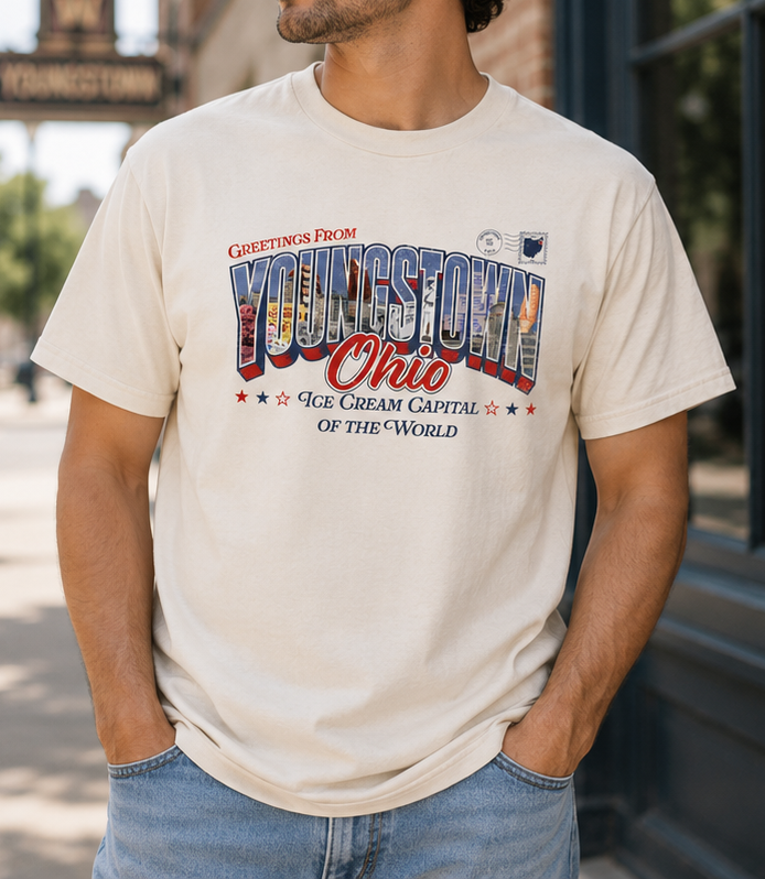 Man wearing the SMVT Exclusive Youngstown Ohio Ice Cream Capital T-shirt with a vintage postcard-inspired graphic celebrating National Ice Cream Day and Youngstown's ice cream heritage.