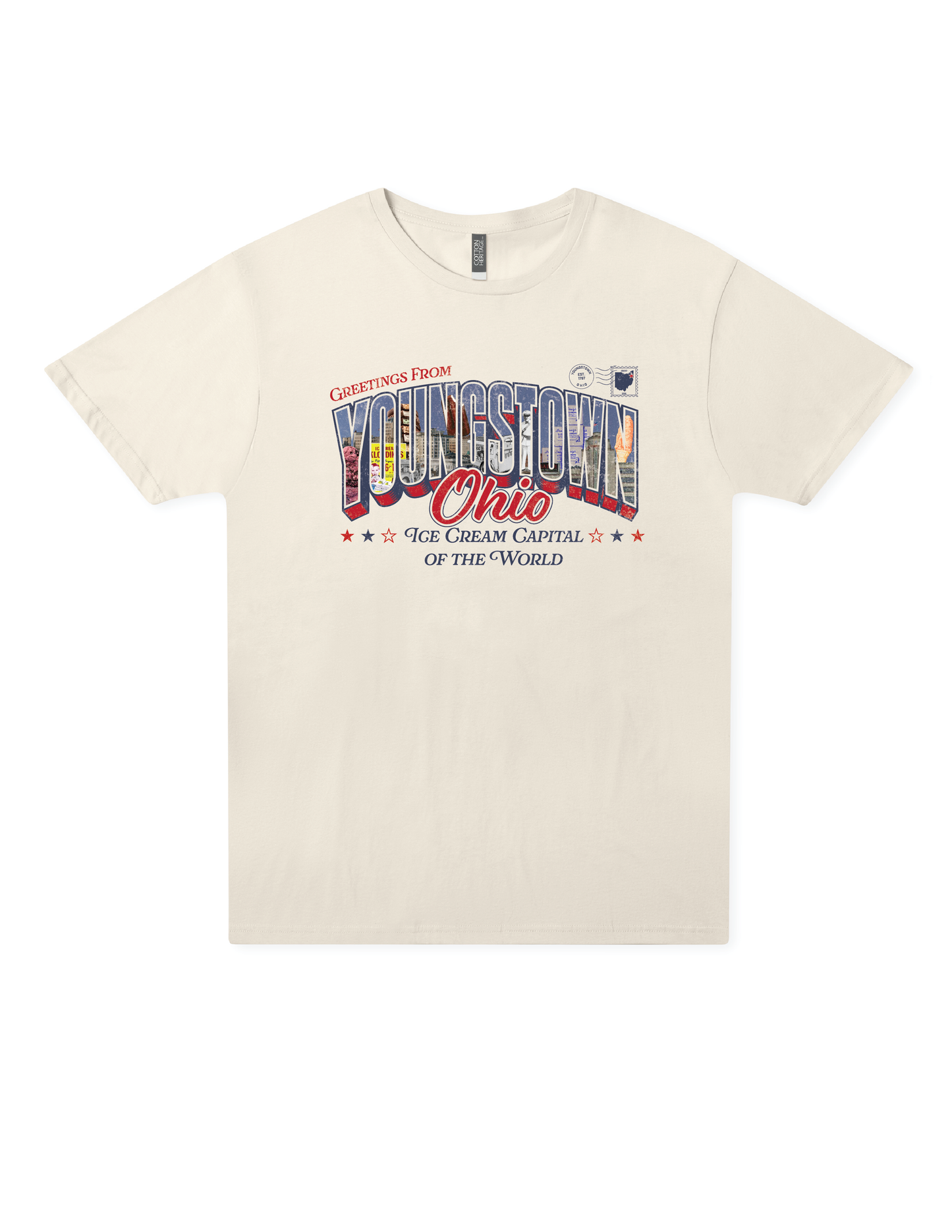 SMVT Exclusive Youngstown Ohio Ice Cream Capital of the World T-shirt featuring a vintage postcard-inspired "Greetings from Youngstown, Ohio" graphic celebrating National Ice Cream Day.