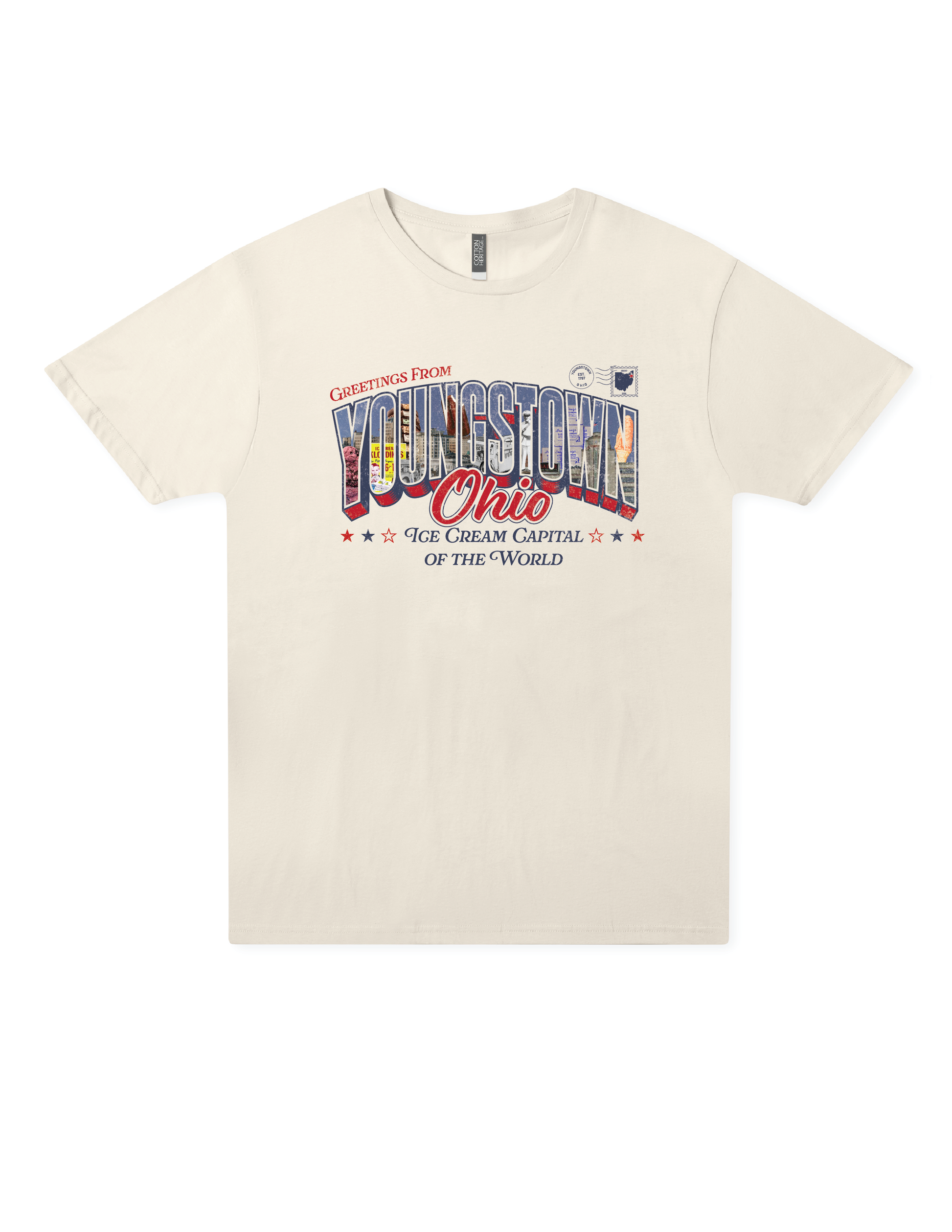 SMVT Exclusive Youngstown Ohio Ice Cream Capital of the World T-shirt featuring a vintage postcard-inspired "Greetings from Youngstown, Ohio" graphic celebrating National Ice Cream Day.