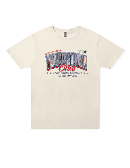 SMVT Exclusive Youngstown Ohio Ice Cream Capital of the World T-shirt featuring a vintage postcard-inspired "Greetings from Youngstown, Ohio" graphic celebrating National Ice Cream Day.