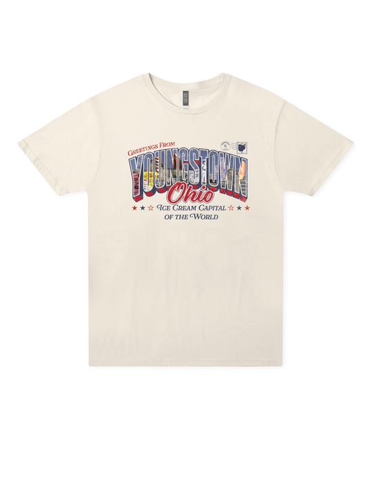 SMVT Exclusive Youngstown Ohio Ice Cream Capital of the World T-shirt featuring a vintage postcard-inspired "Greetings from Youngstown, Ohio" graphic celebrating National Ice Cream Day.