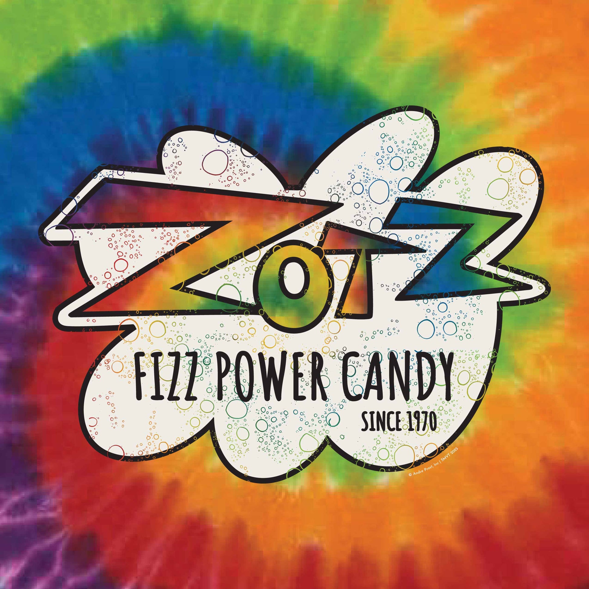 close up of zotz fizz power sour candy graphic on tie dye t shirt colorful detail