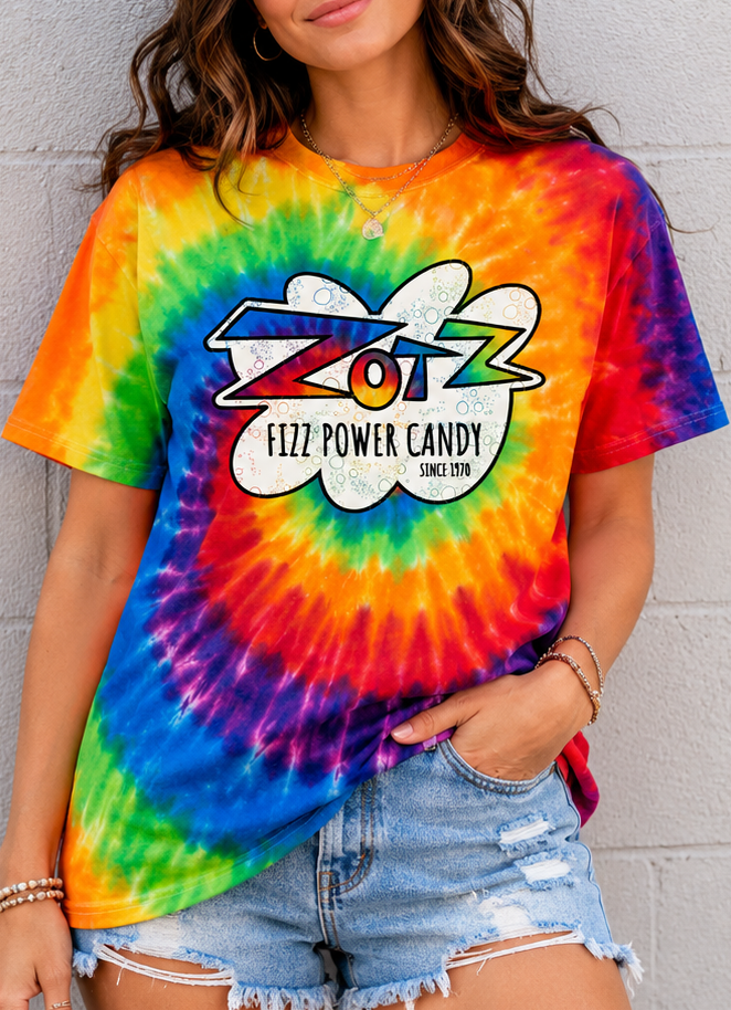 unisex zotz fizz power candy tie dye shirt styled casually for retro candy lovers and nostalgia fans