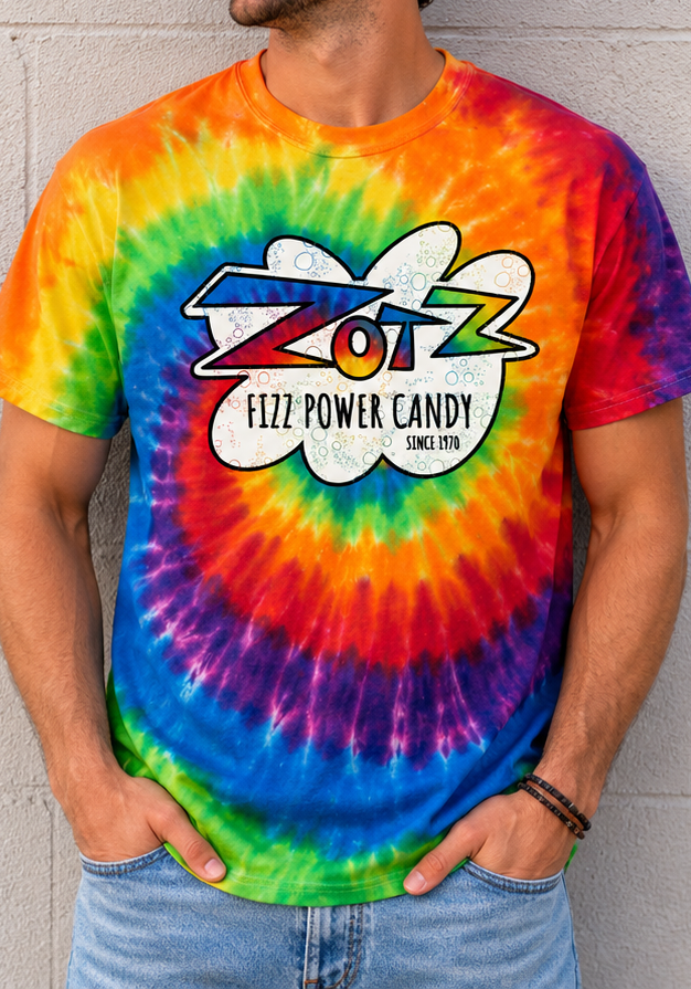 unisex zotz fizz power candy tie dye shirt styled casually for retro candy lovers and nostalgia fans