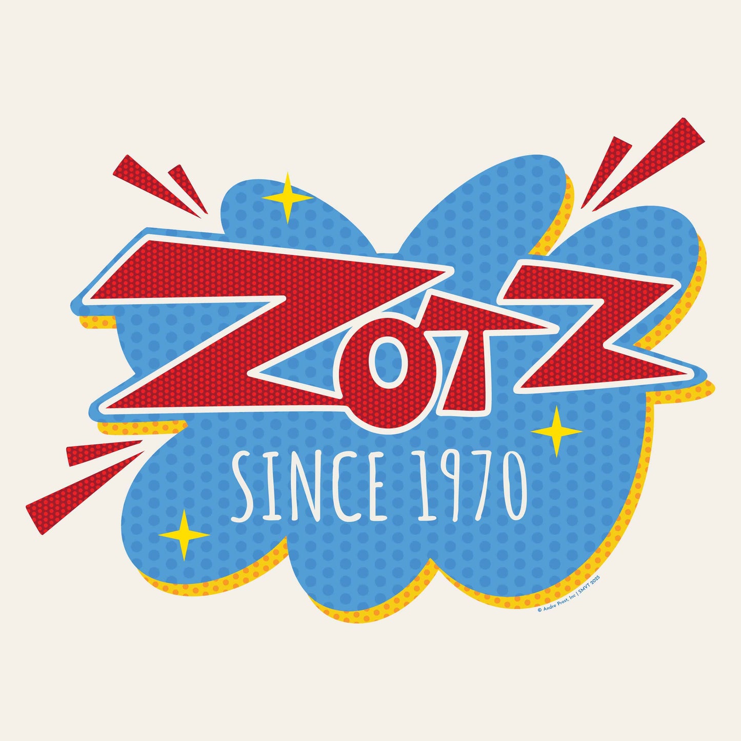close up of zotz sour candy logo graphic on ringer t shirt retro design detail