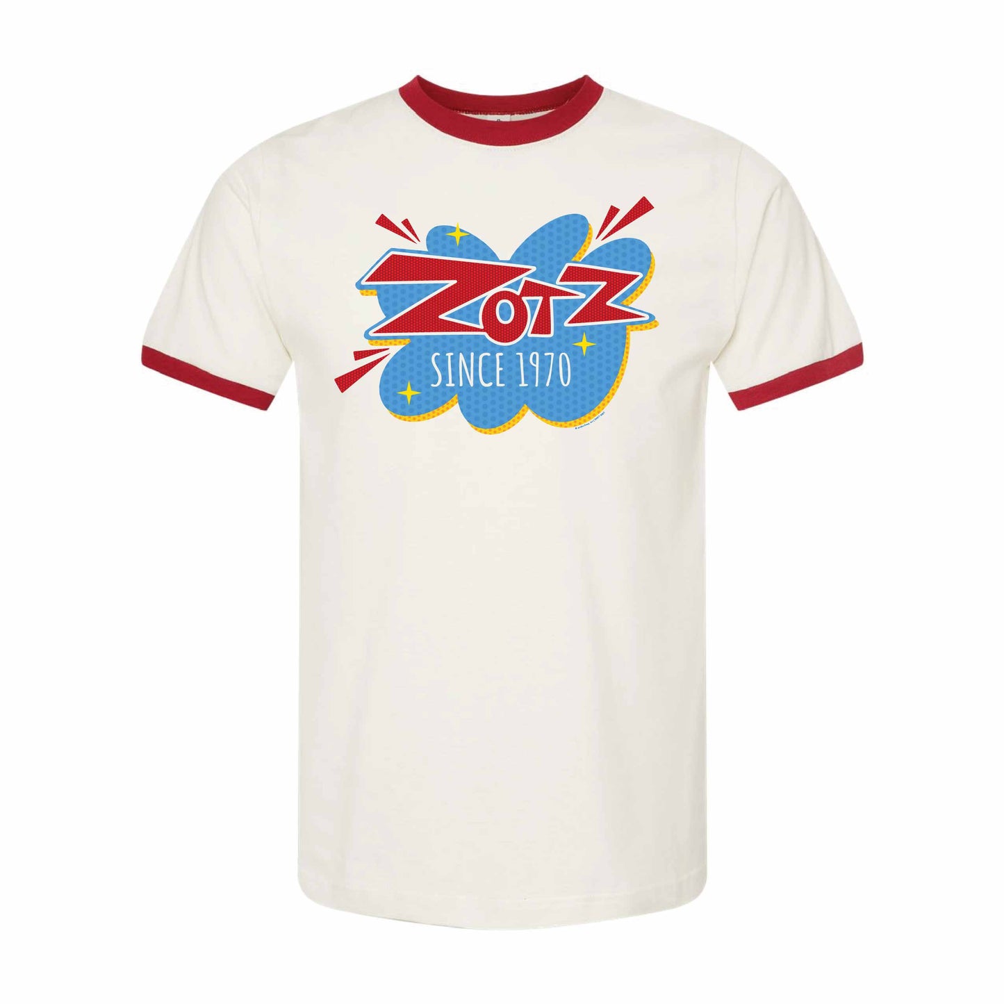zotz vintage candy logo ringer t shirt laid flat retro sweets apparel