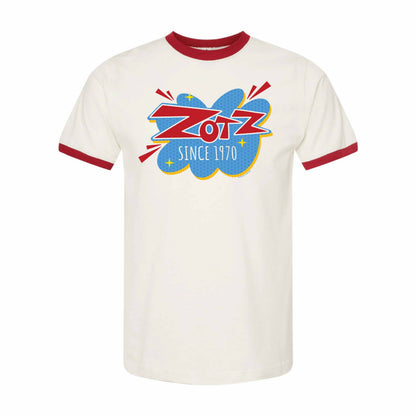zotz vintage candy logo ringer t shirt laid flat retro sweets apparel