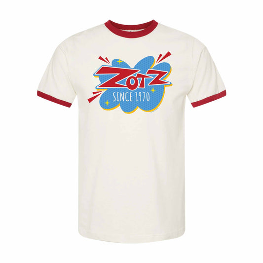 zotz vintage candy logo ringer t shirt laid flat retro sweets apparel