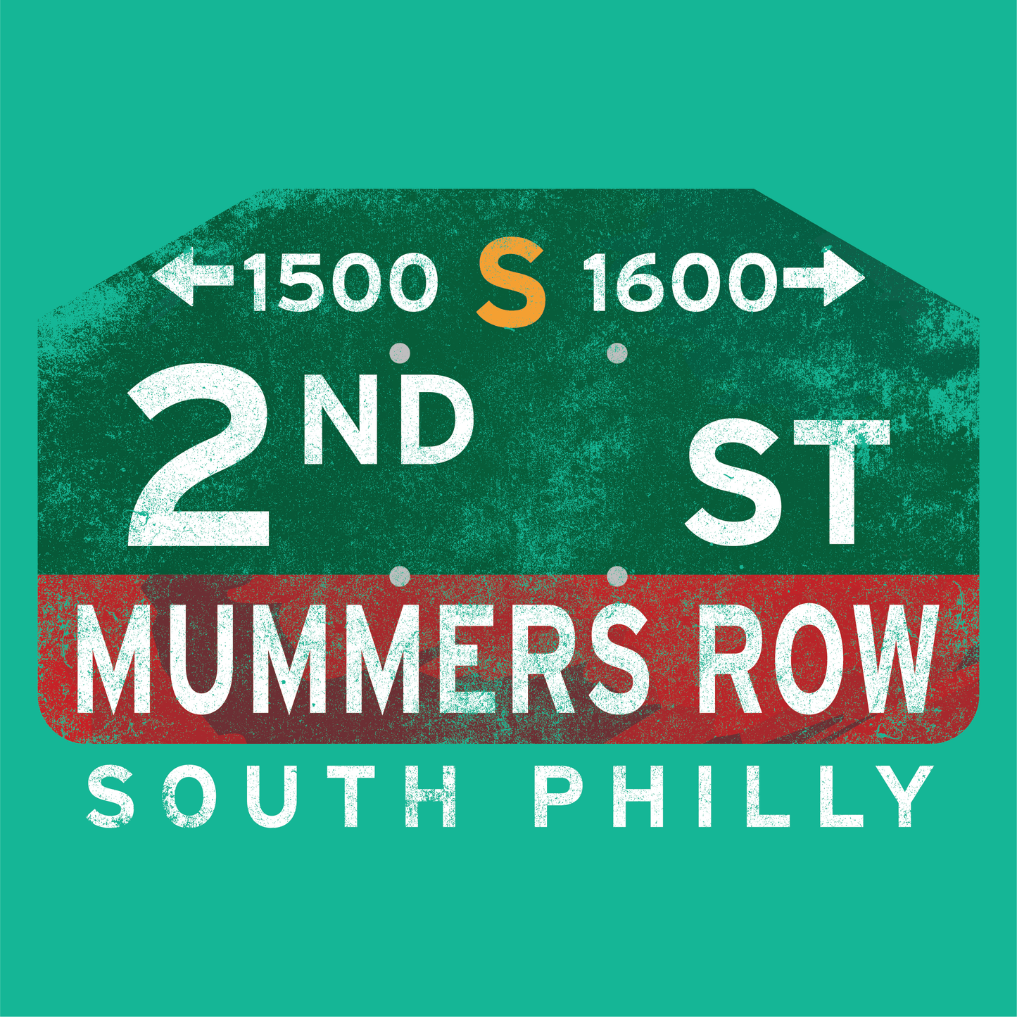 Vintage-style 2nd Street Mummers Row Philadelphia graphic celebrating the historic Mummers Parade and South Philadelphia tradition.