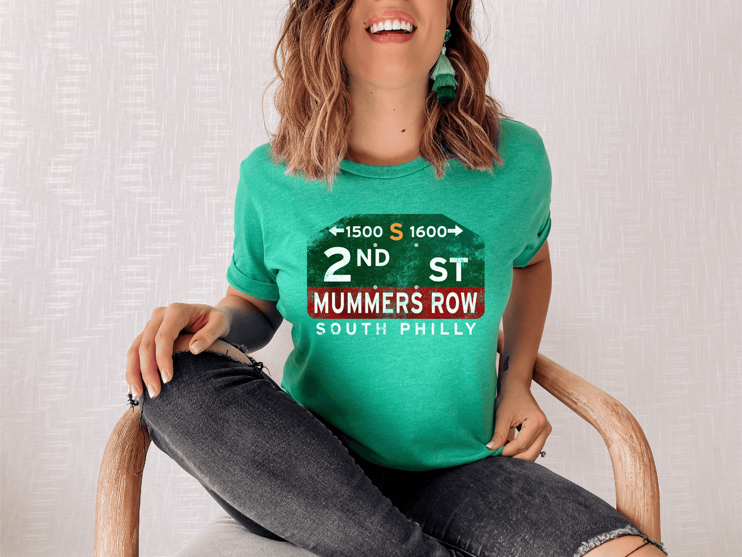 Woman wearing the 2nd Street Mummers Row Philadelphia Shirt featuring a classic Mummers Row design inspired by Philadelphia tradition.
