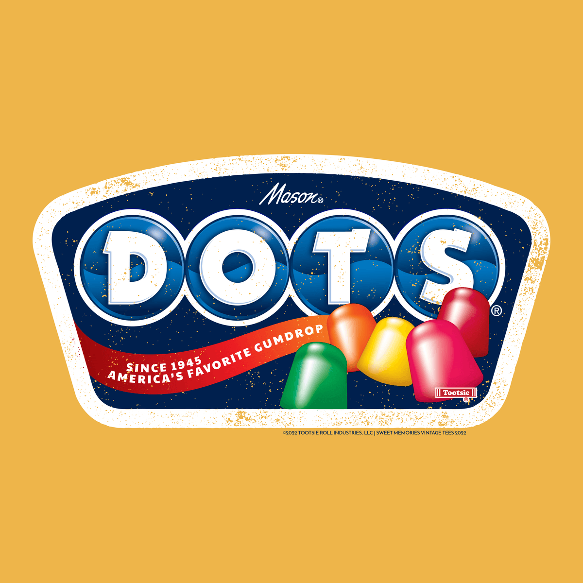 Close-up of DOTS® Retro Gumdrops T-Shirt graphic featuring vintage-inspired DOTS candy logo artwork and colorful nostalgic gumdrop design.