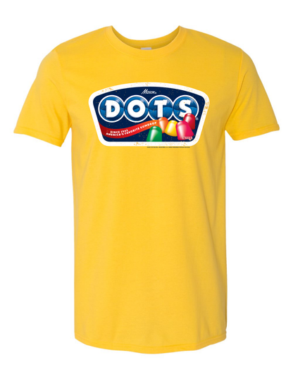 DOTS® Retro Gumdrops Unisex Graphic T-Shirt featuring vintage-inspired DOTS candy logo artwork, nostalgic colorful gumdrop design, and classic retro candy style.