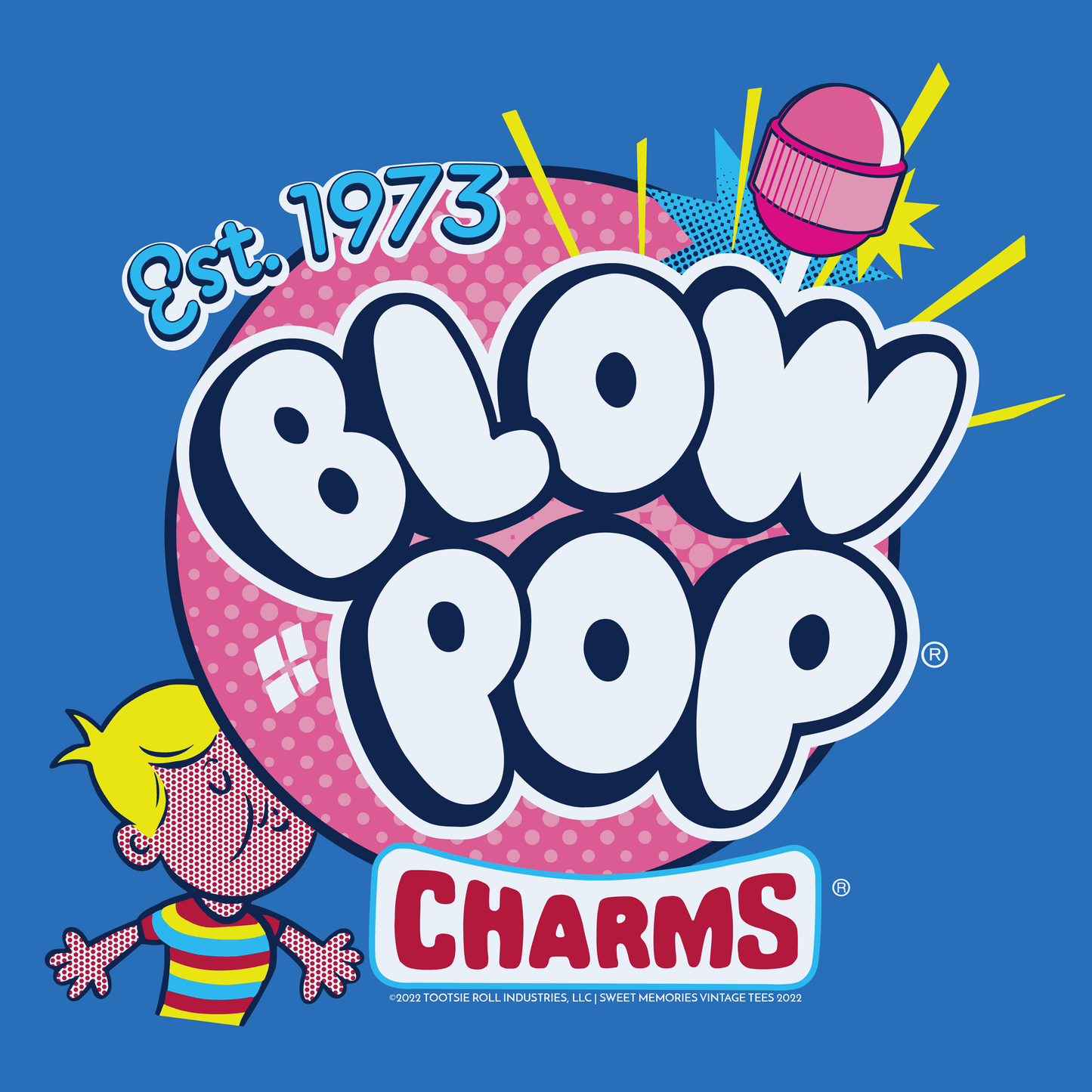 close up of blow pop retro charms pop art inspired graphic featuring vintage candy artwork