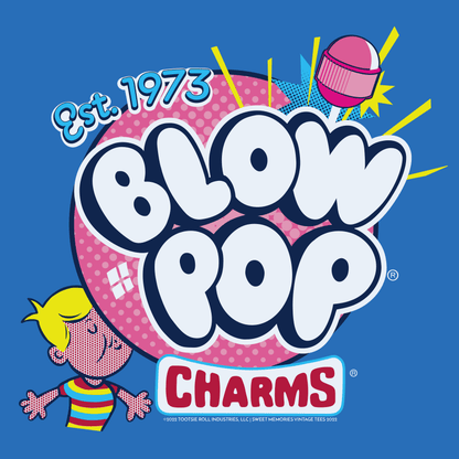 close up of blow pop retro charms pop art inspired graphic featuring vintage candy artwork