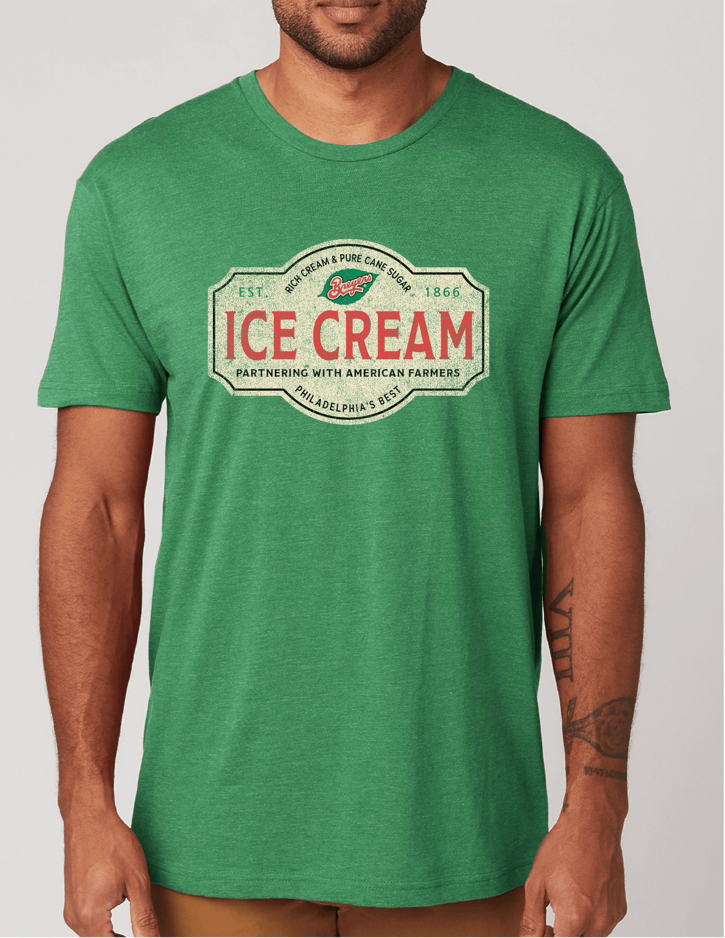 Unisex Breyers® Ice Cream farmers' t-shirt worn casually, vintage Americana style outfit.