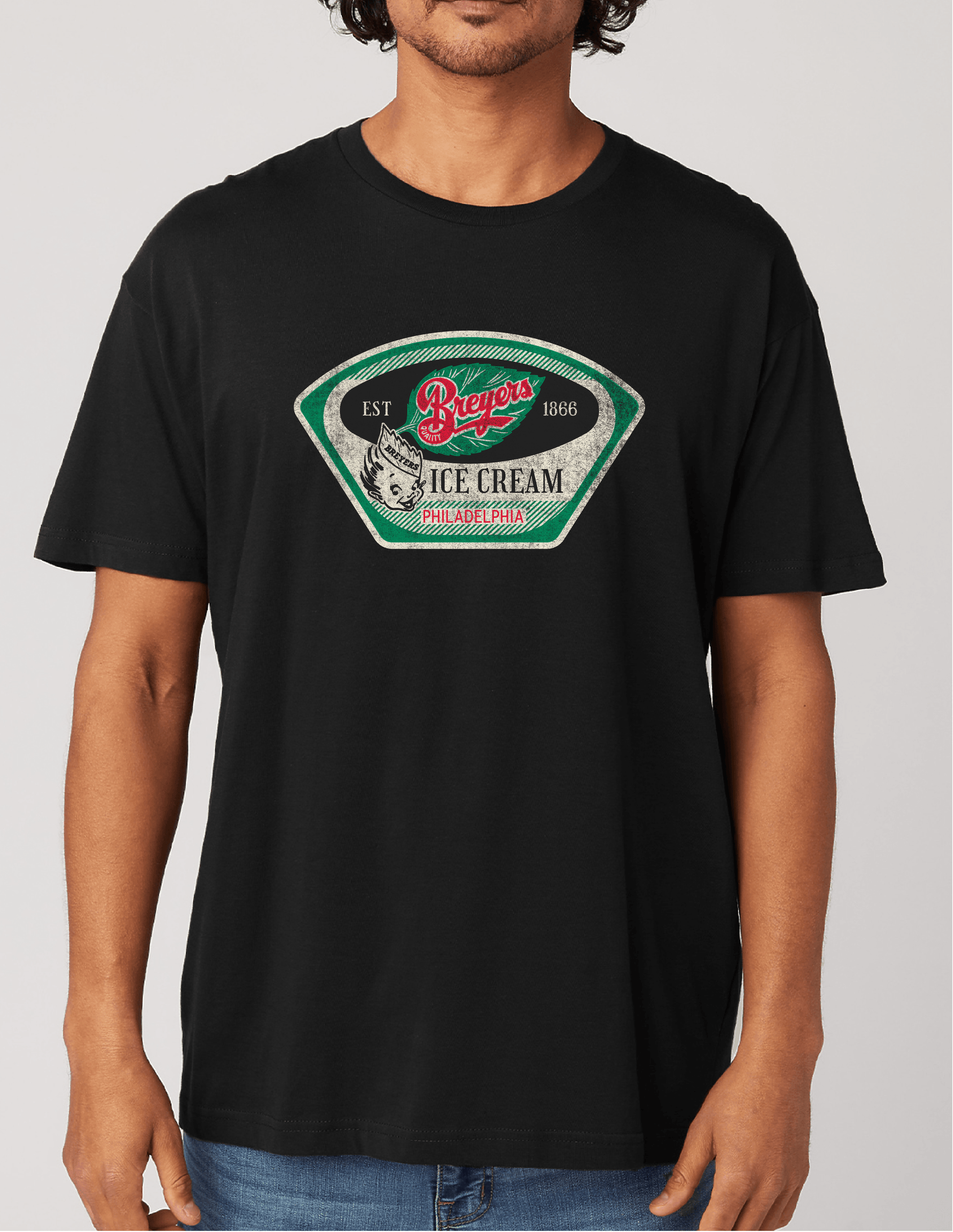 Man wearing a Breyers Ice Cream Novelty Tee showcasing retro ice cream branding and nostalgic vintage-inspired graphics.