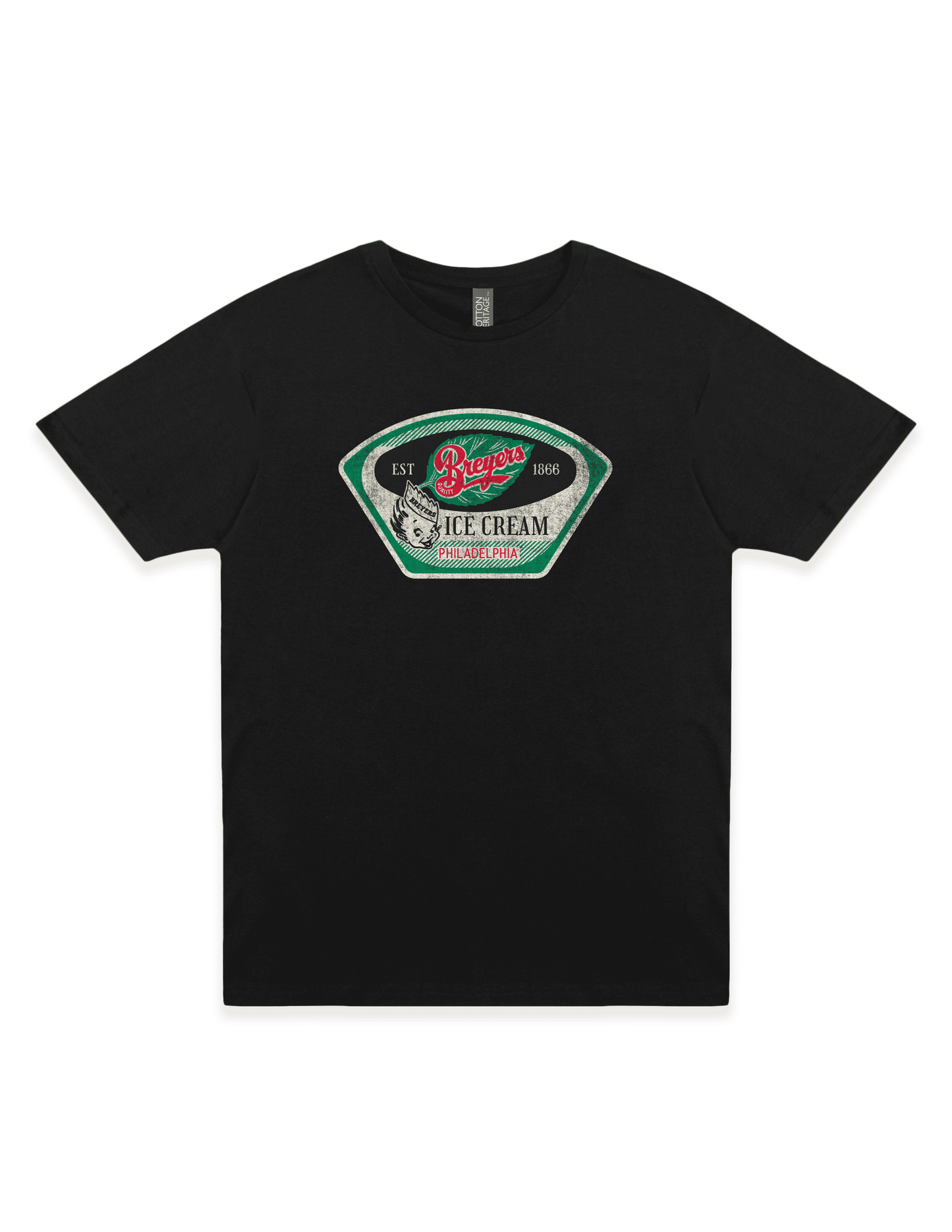Breyers Ice Cream Novelty Tee on a black unisex t-shirt featuring vintage Breyers Ice Cream Philadelphia artwork and distressed retro graphics