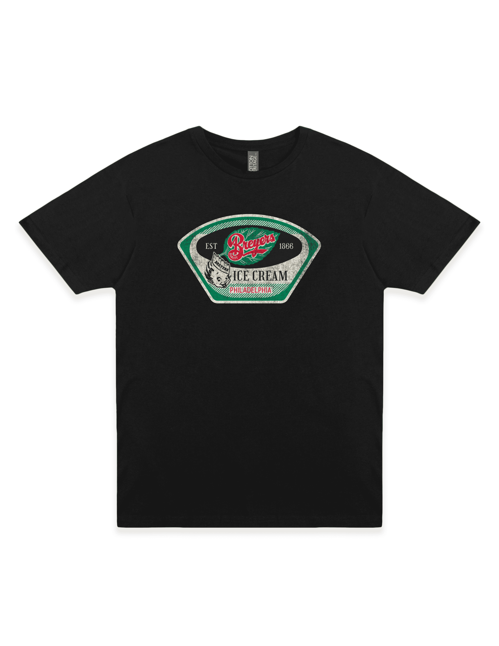 Breyers Ice Cream Novelty Tee on a black unisex t-shirt featuring vintage Breyers Ice Cream Philadelphia artwork and distressed retro graphics