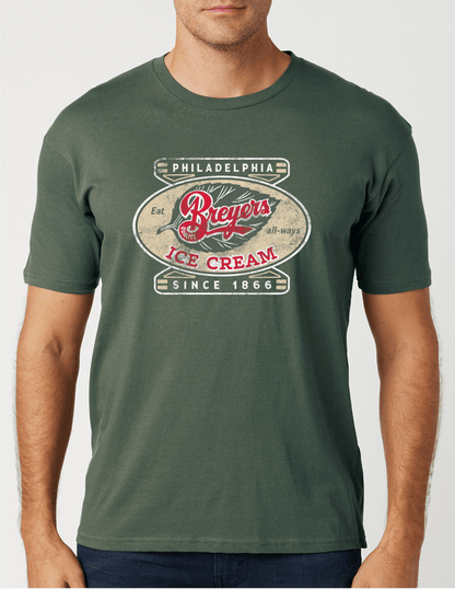 Man wearing a Breyers Ice Cream Philadelphia Since 1866 Vintage Unisex Tee featuring nostalgic ice cream branding and retro graphics.